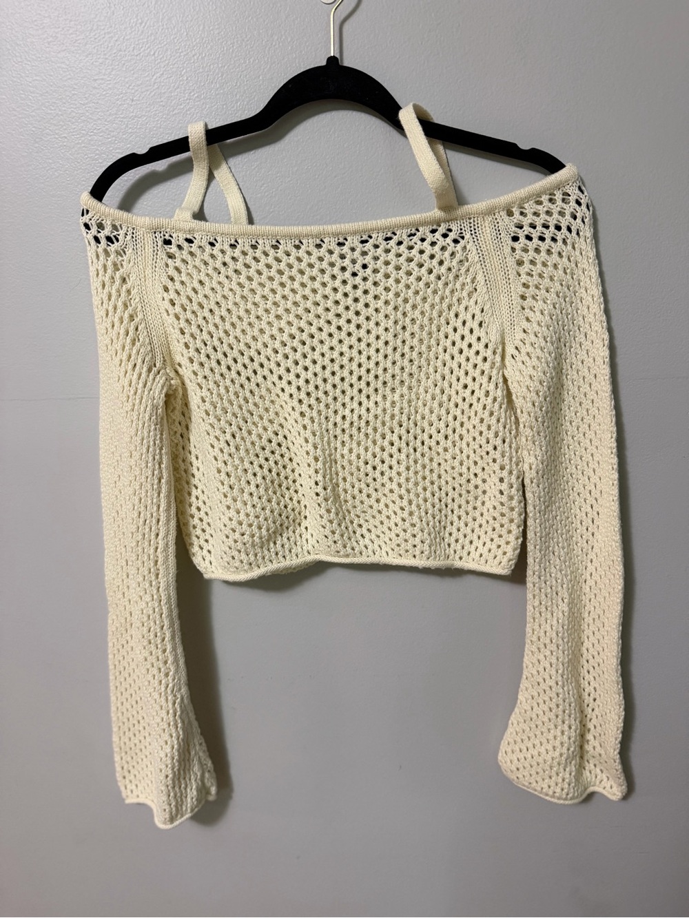 American Eagle Cream Open Knit Crochet Bell Sleeve Cold Shoulder Sweater